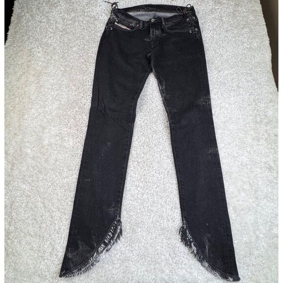 Diesel Lace Up Skinny Asymmetric Raw Hem Jean Black Distress Wash - Picture 1 of 10